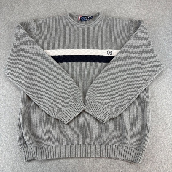 Chaps Ralph Lauren Sweater Men's XL Gray Ribbed Knit Crew Neck Stripe Preppy - Picture 2 of 13